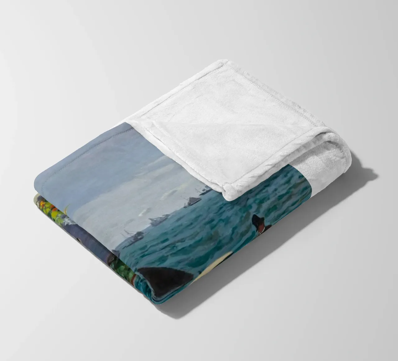 femme avec parapluie vue sur l'océan vagues voilier claude monet plaid polaire de belong shop