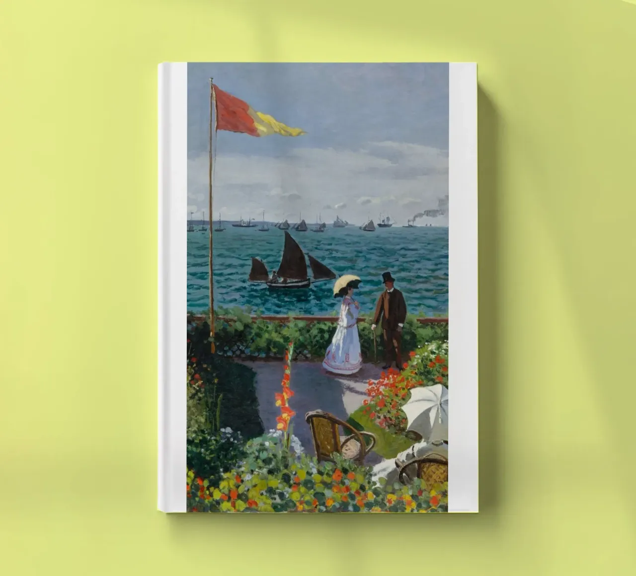 femme avec parapluie vue sur l'océan vagues voilier claude monet carnet de notes de belong shop