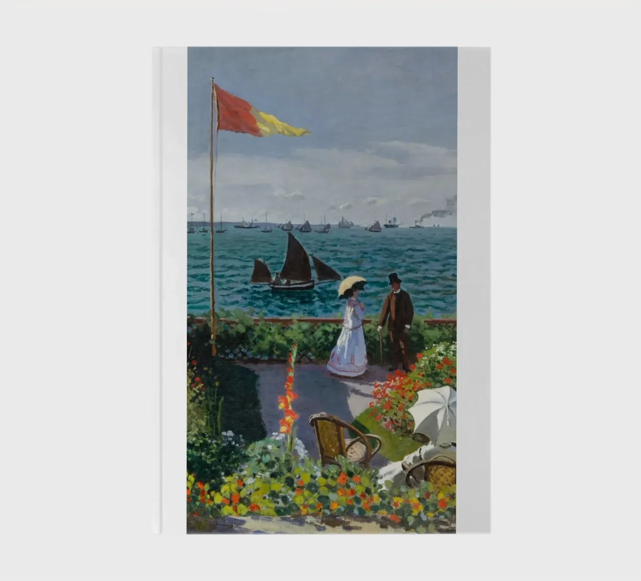 femme avec parapluie vue sur l'océan vagues voilier claude monet carnet de notes de belong shop