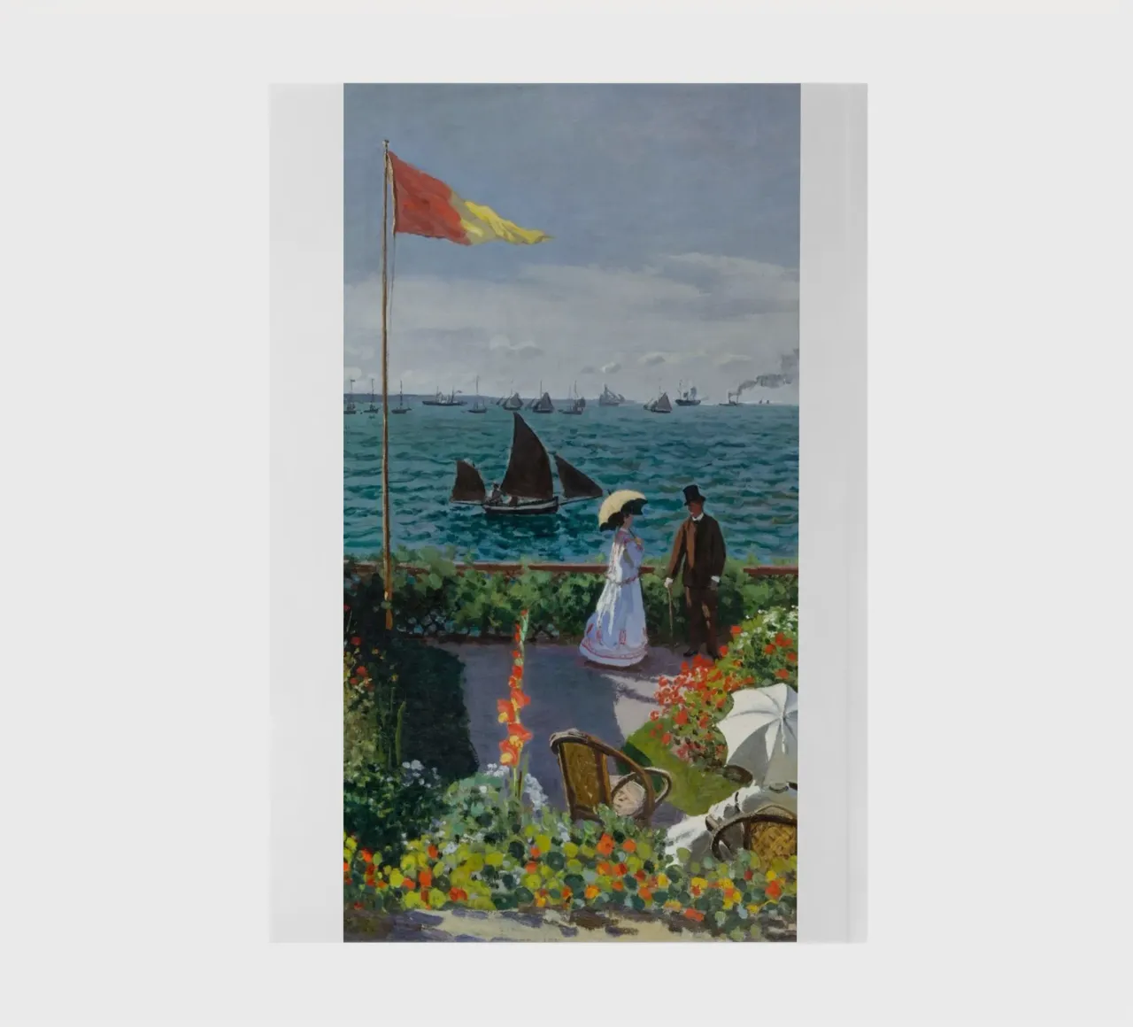 femme avec parapluie vue sur l'océan vagues voilier claude monet carnet de notes de belong shop