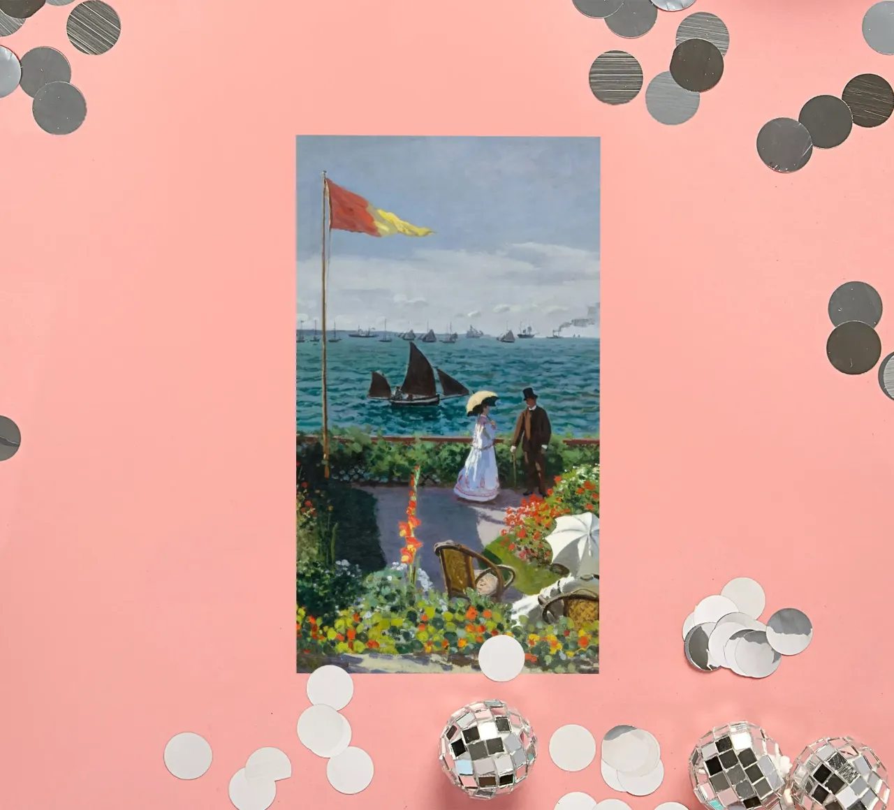 femme avec parapluie vue sur l'océan vagues voilier claude monet autocollant de belong shop