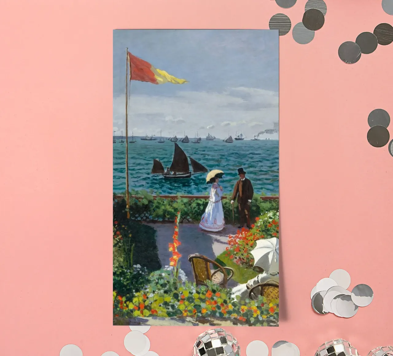 femme avec parapluie vue sur l'océan vagues voilier claude monet planche autocollant de belong shop
