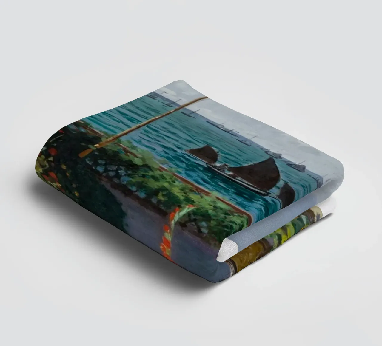 femme avec parapluie vue sur l'océan vagues voilier claude monet serviette de bain de belong shop