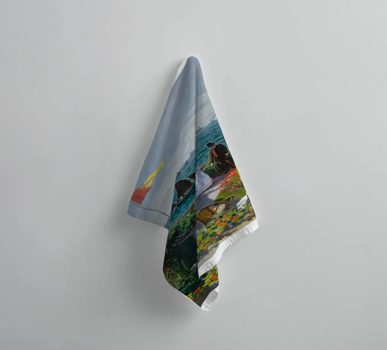 femme avec parapluie vue sur l'océan vagues voilier claude monet serviette de bain de belong shop