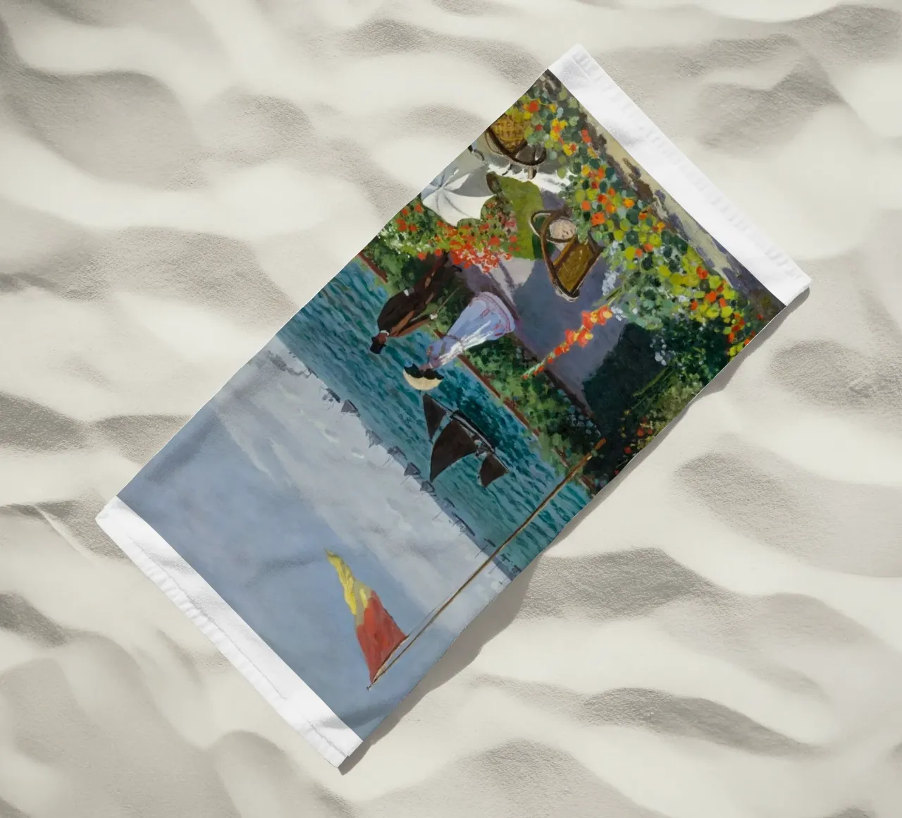 femme avec parapluie vue sur l'océan vagues voilier claude monet serviette de plage de belong shop
