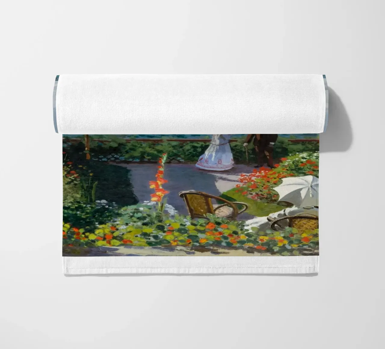femme avec parapluie vue sur l'océan vagues voilier claude monet serviette de plage de belong shop