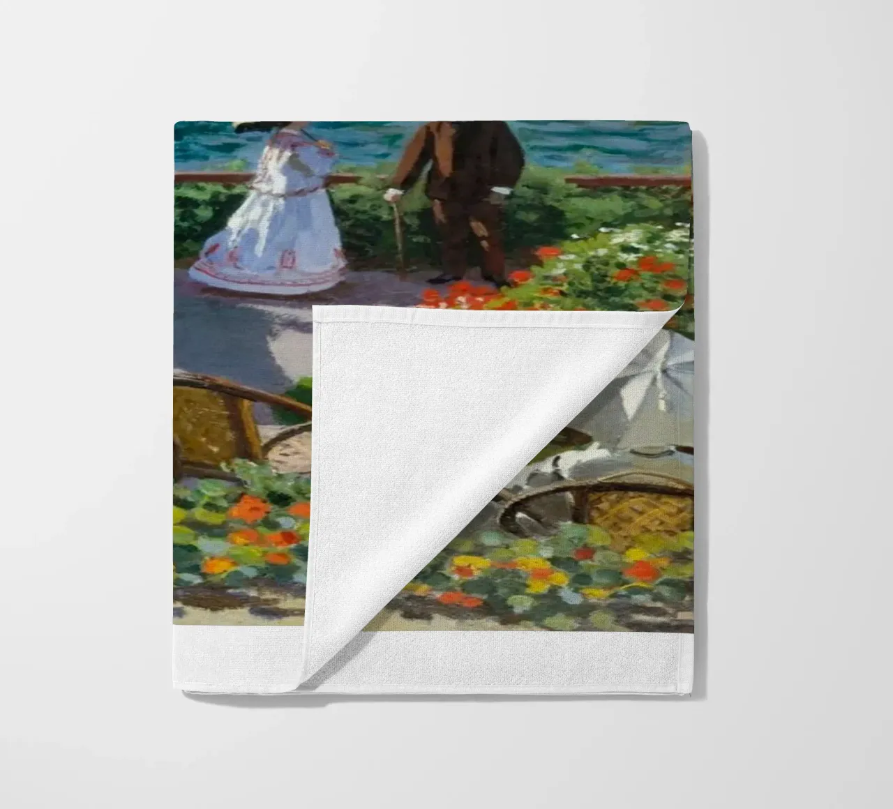 femme avec parapluie vue sur l'océan vagues voilier claude monet serviette de plage de belong shop