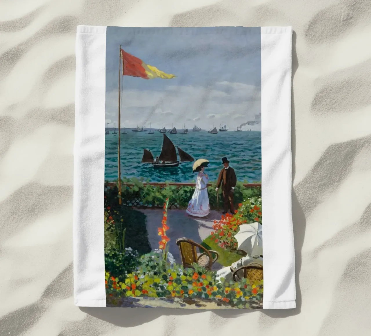 femme avec parapluie vue sur l'océan vagues voilier claude monet serviette de plage de belong shop