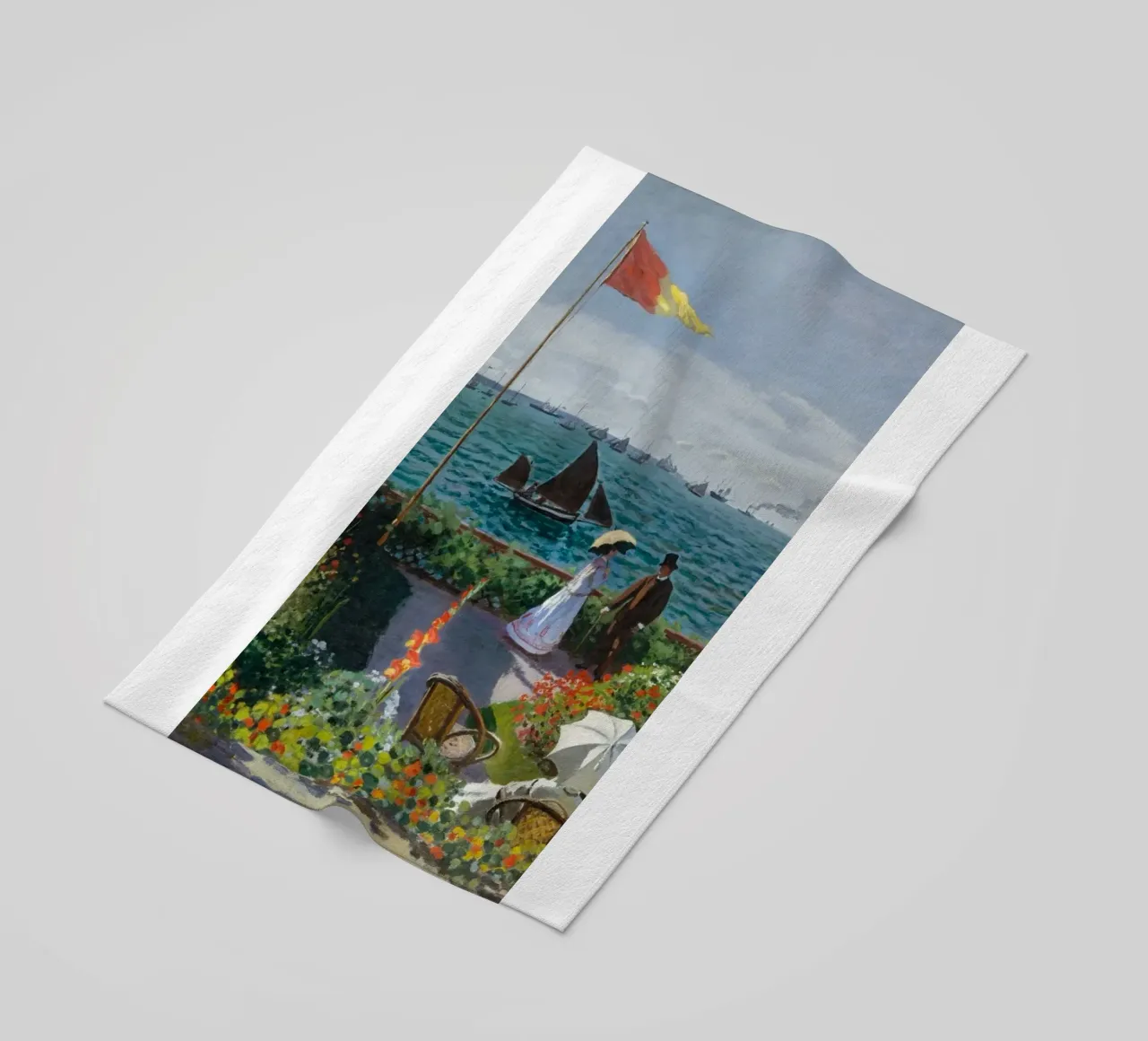 femme avec parapluie vue sur l'océan vagues voilier claude monet serviette de plage de belong shop