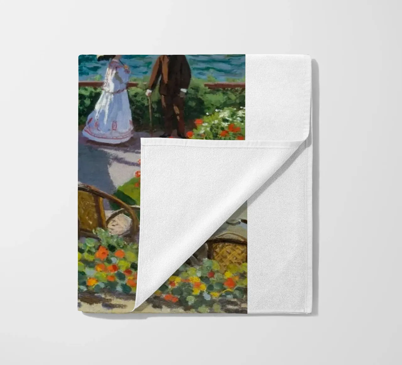 femme avec parapluie vue sur l'océan vagues voilier claude monet serviette de plage de belong shop