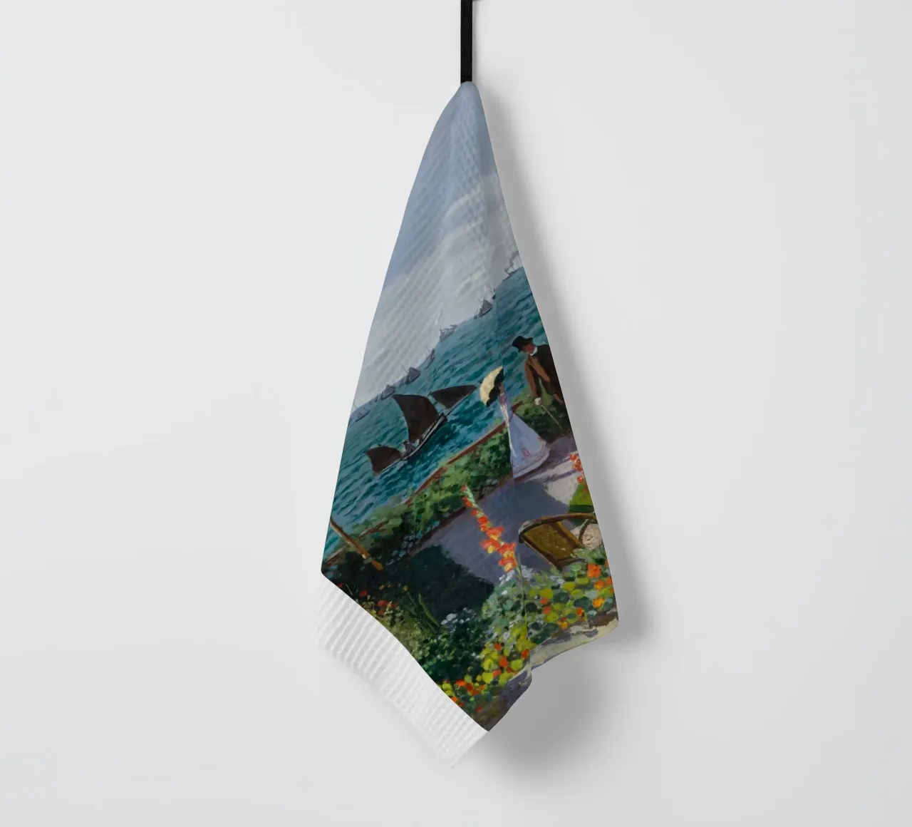femme avec parapluie vue sur l'océan vagues voilier claude monet torchon de belong shop