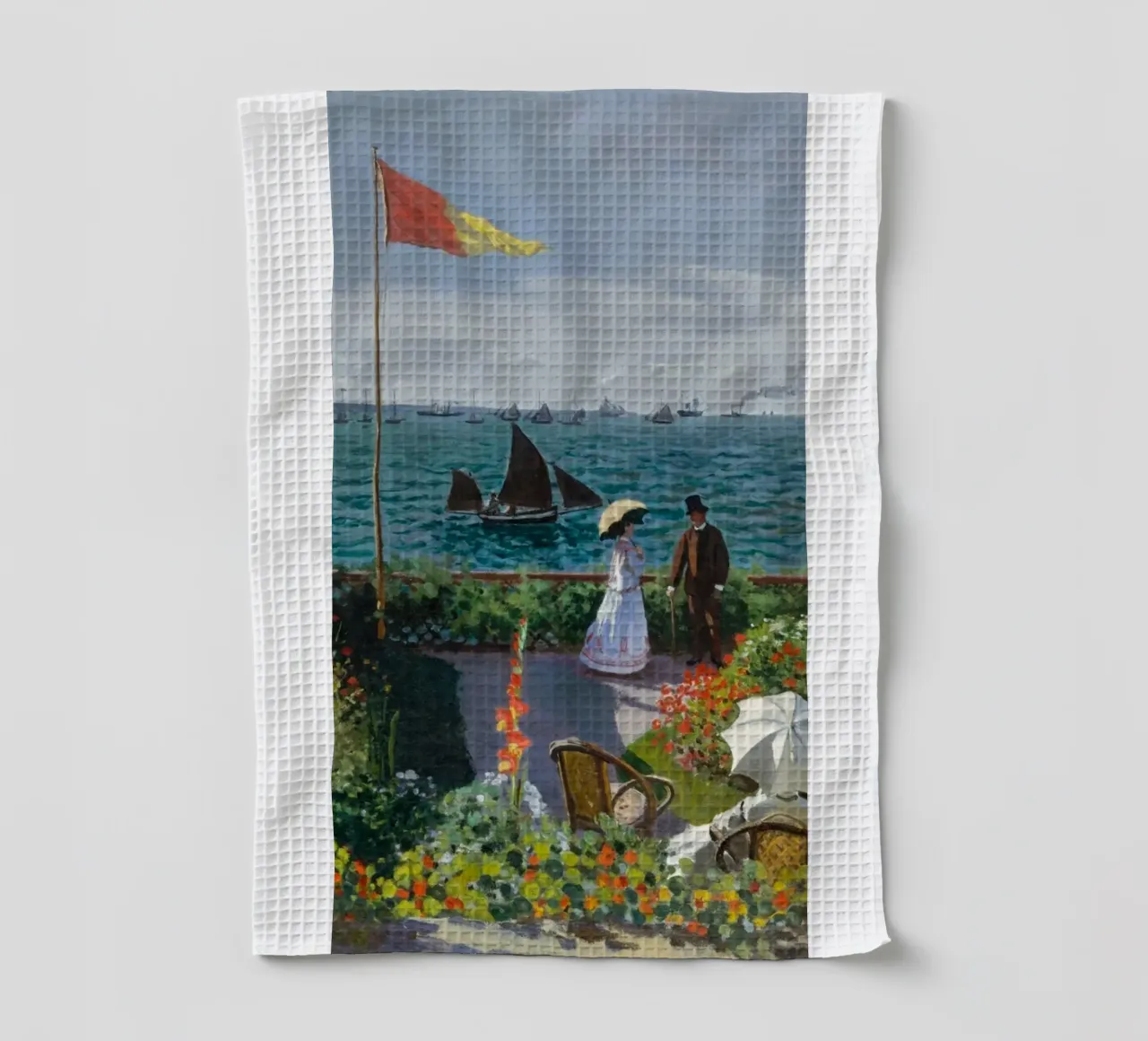femme avec parapluie vue sur l'océan vagues voilier claude monet torchon de belong shop