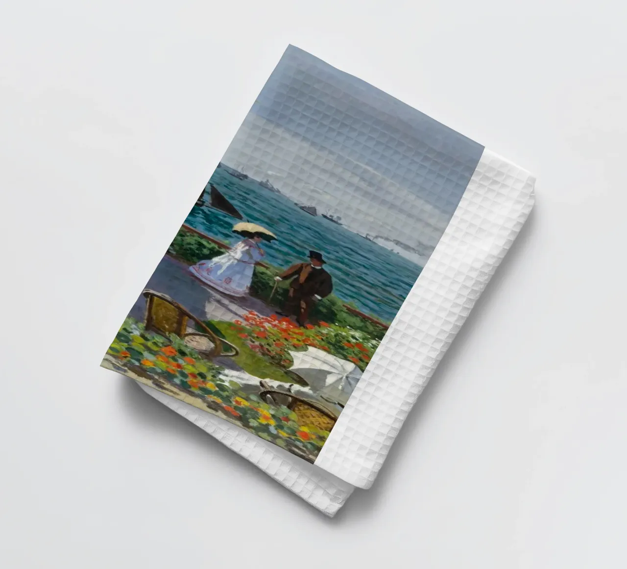 femme avec parapluie vue sur l'océan vagues voilier claude monet torchon de belong shop