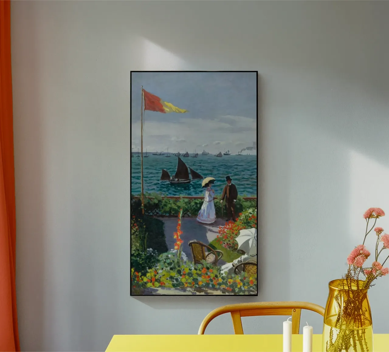 femme avec parapluie vue sur l'océan vagues voilier claude monet plexiglas de belong shop