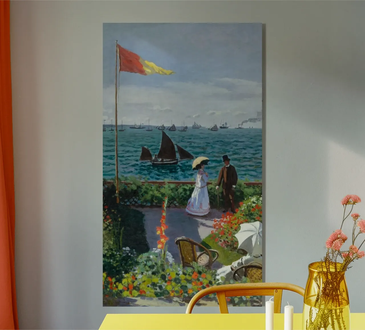 femme avec parapluie vue sur l'océan vagues voilier claude monet plexiglas de belong shop
