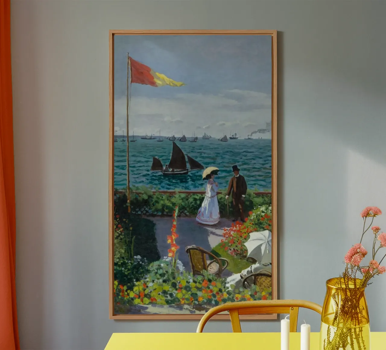 femme avec parapluie vue sur l'océan vagues voilier claude monet alu dibond de belong shop