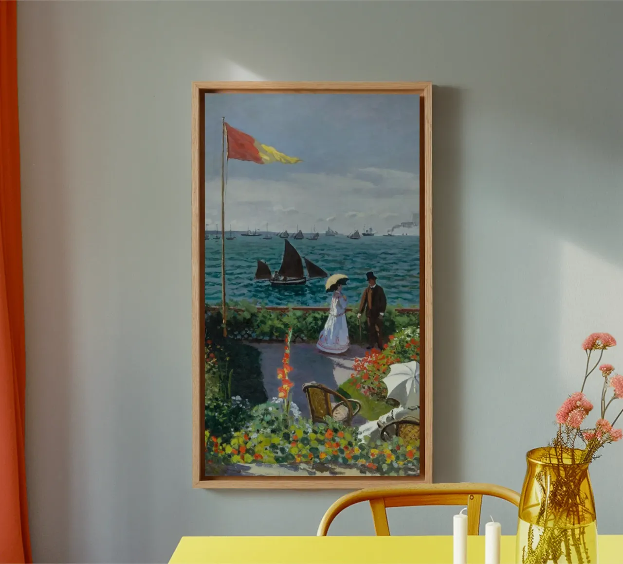 vrouw met paraplu uitzicht oceaan golven zeilboot claude monet canvas met Baklijst van belong shop
