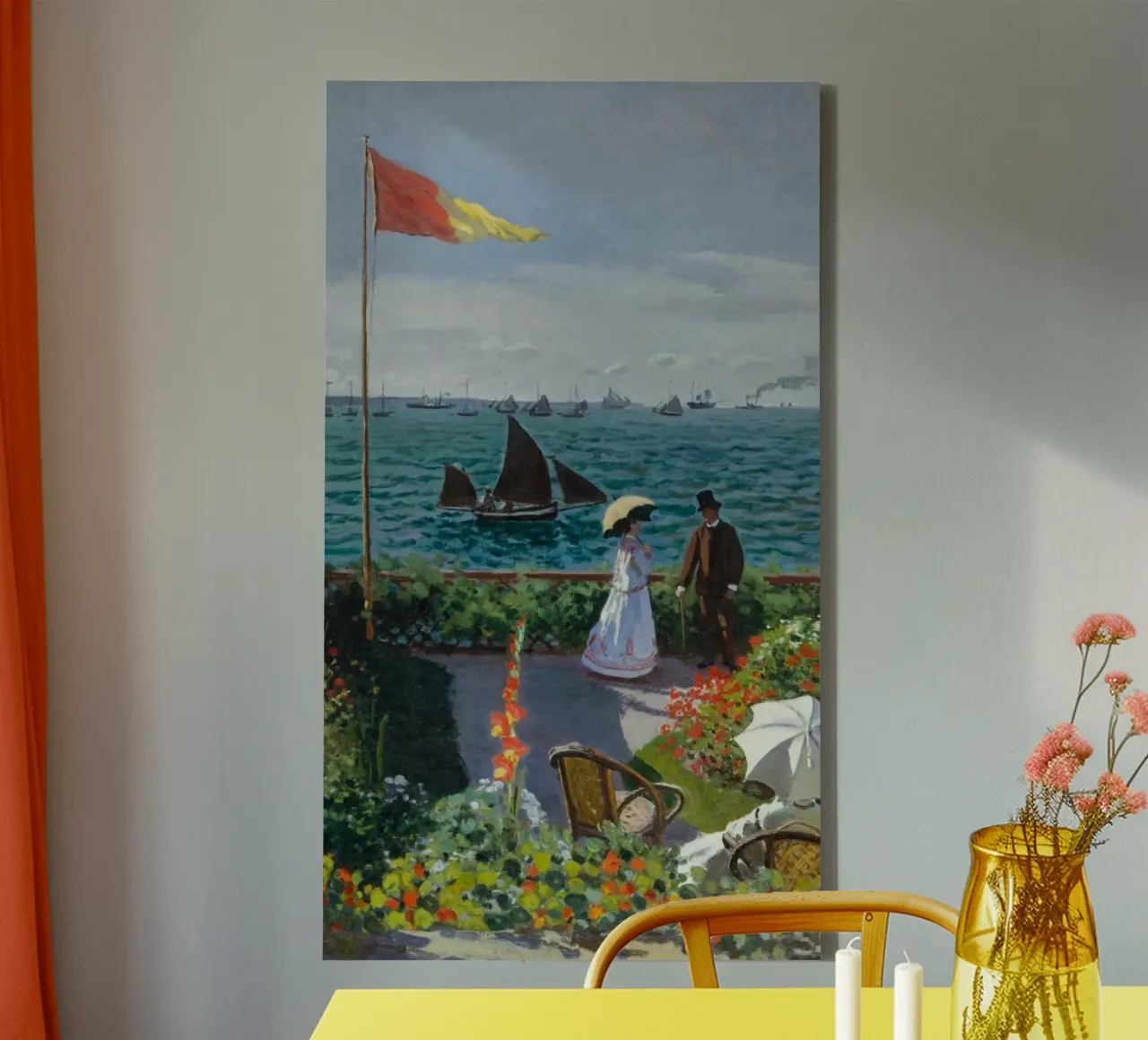 vrouw met paraplu uitzicht oceaan golven zeilboot claude monet canvas met Baklijst van belong shop