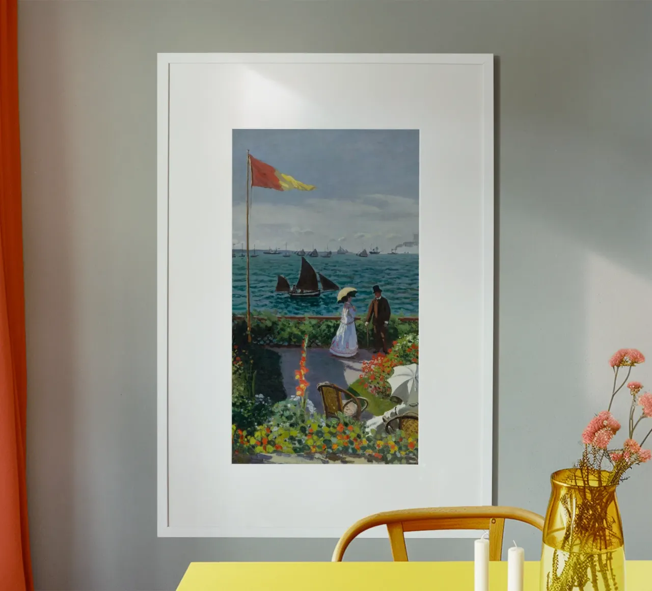 vrouw met paraplu uitzicht oceaan golven zeilboot claude monet poster met kunststof frame van belong shop
