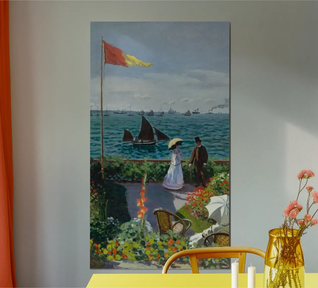 vrouw met paraplu uitzicht oceaan golven zeilboot claude monet poster met kunststof frame van belong shop