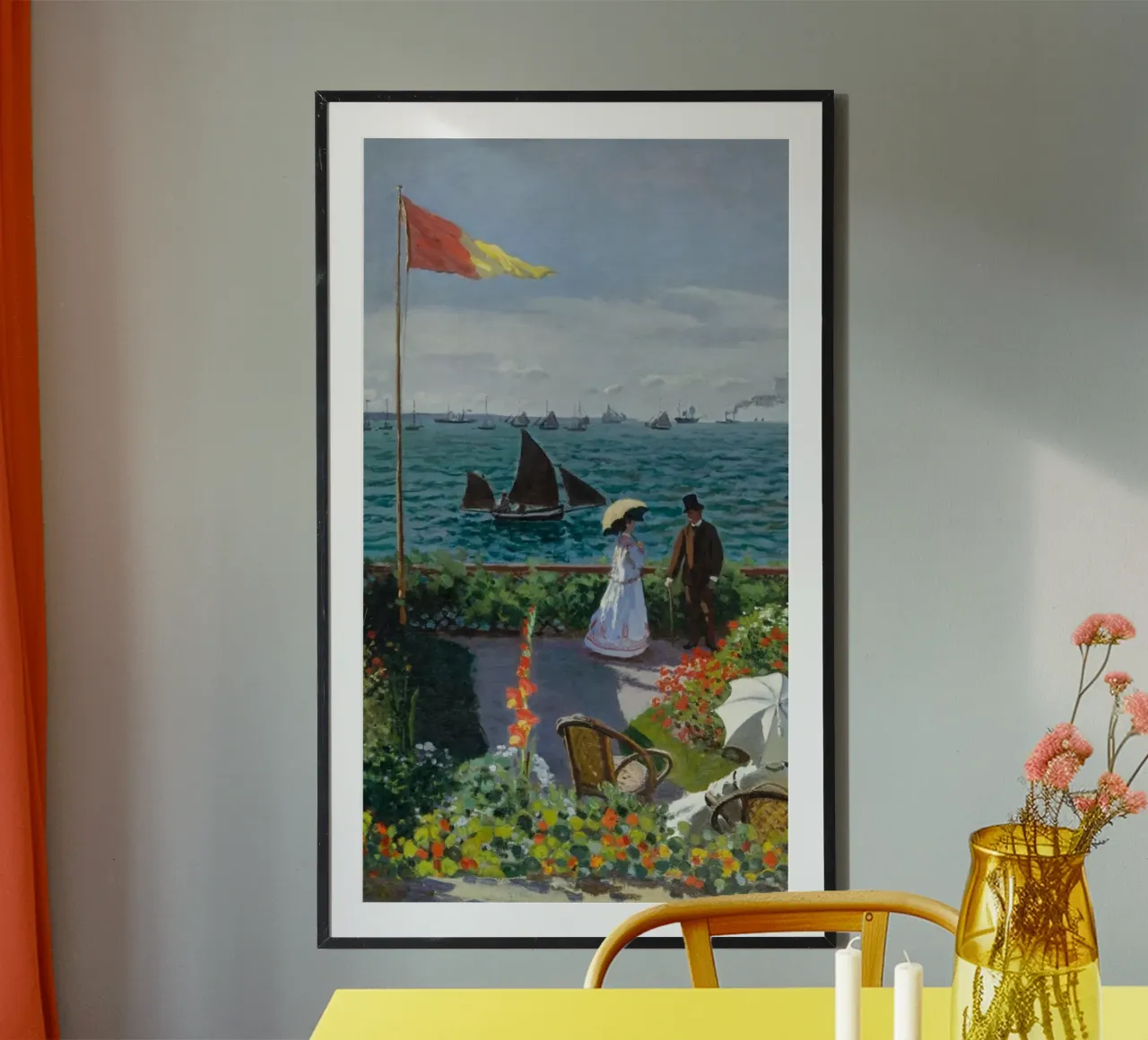 vrouw met paraplu uitzicht oceaan golven zeilboot claude monet poster met kunststof frame van belong shop