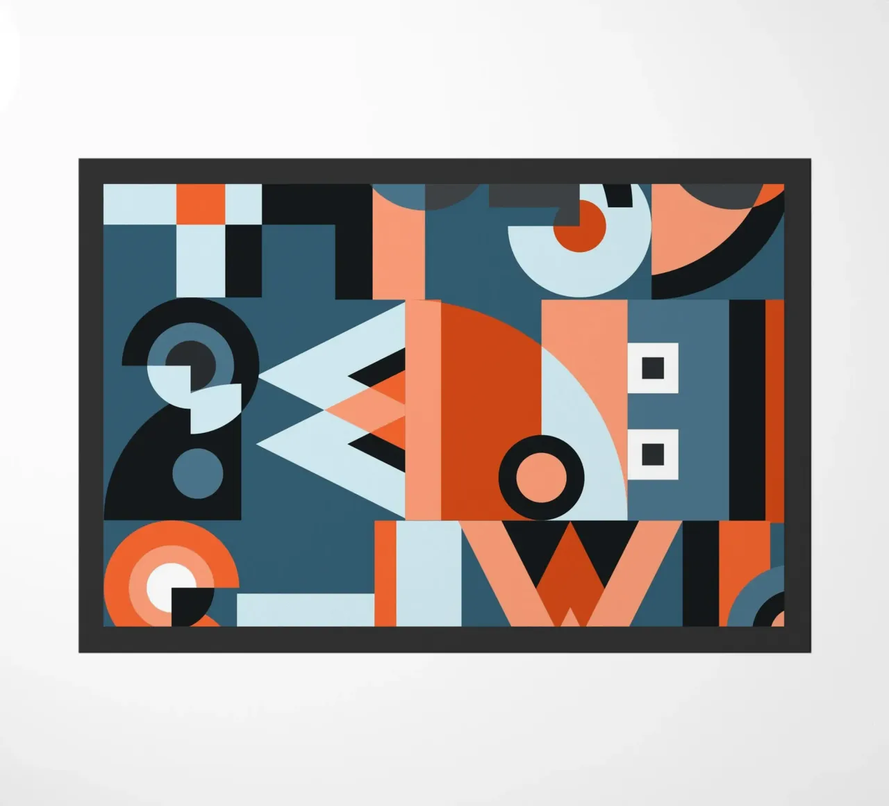 Red geometric collage pattern doormat by Little Dean