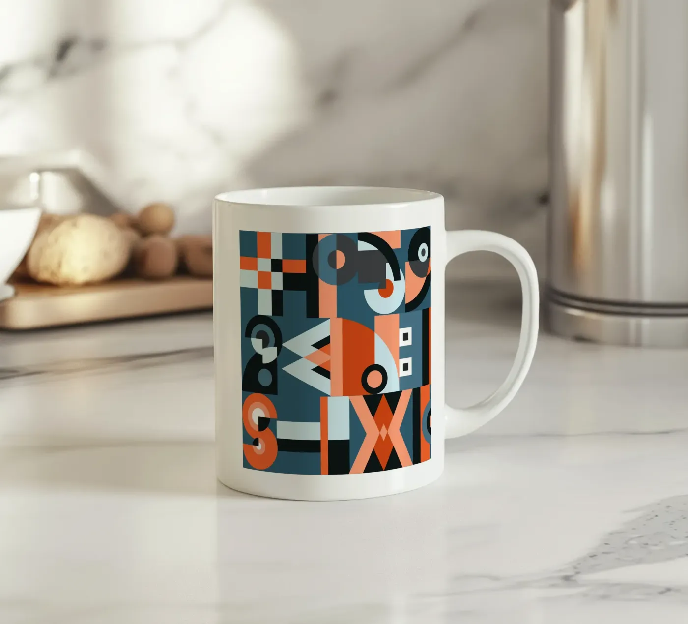 Red geometric collage pattern ceramic mug by Little Dean