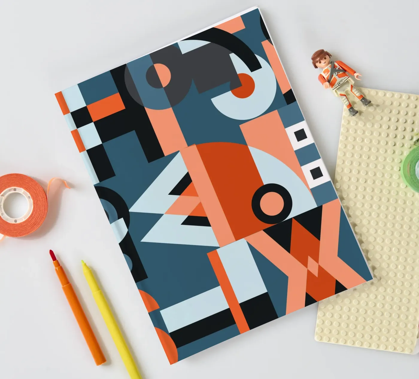 Red geometric collage pattern notebook by Little Dean
