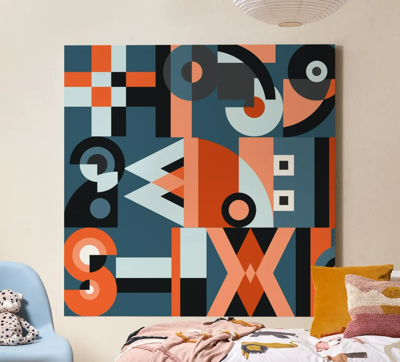 Red geometric collage pattern canvas with Floater frame by Little Dean