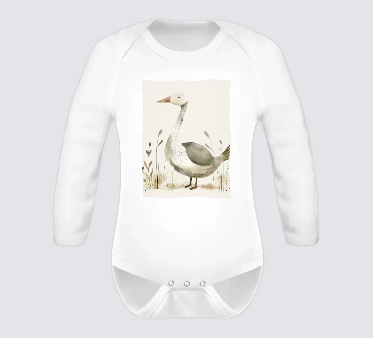 Serene Goose in Grass – A Peaceful Wildlife Illustration long-sleeve baby romper by DesignDoodle