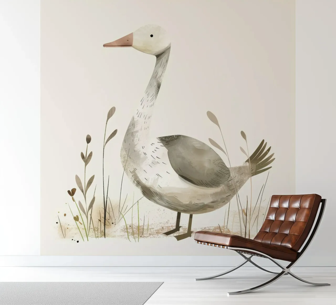 Serene Gans im Gras - eine friedliche Wildtier-Illustration Fototapete von DesignDoodle
