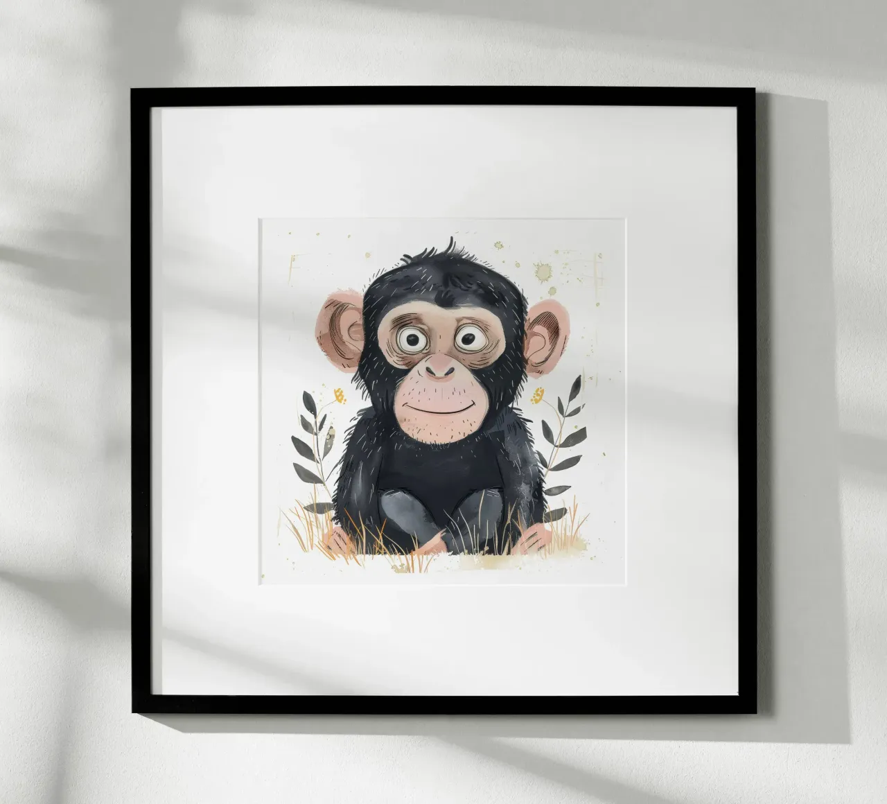 Junger Schimpanse umgeben von Flora Wildes Tier & Natur Poster mit Holzrahmen von DesignDoodle