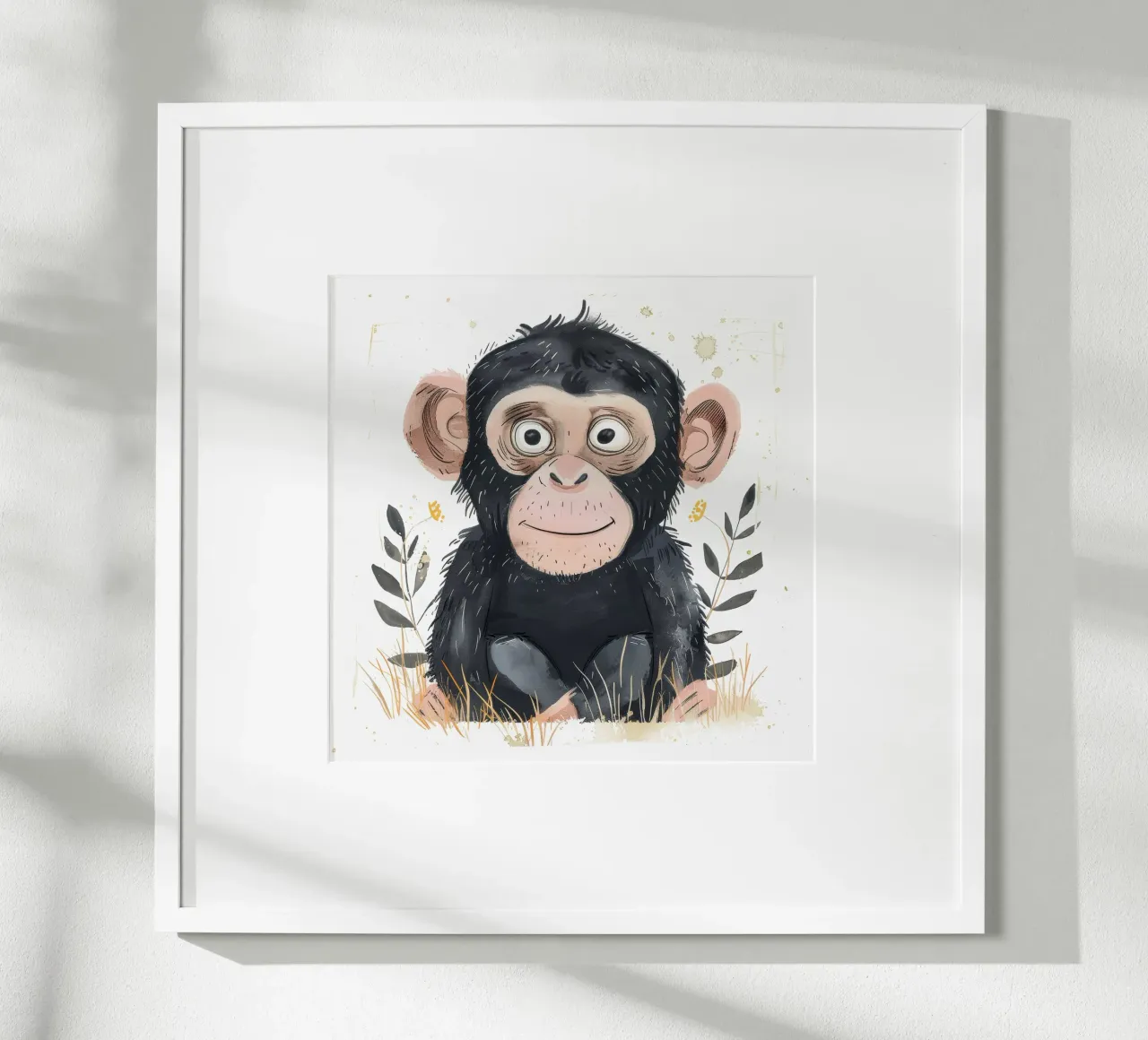 Junger Schimpanse umgeben von Flora Wildes Tier & Natur Poster mit Holzrahmen von DesignDoodle