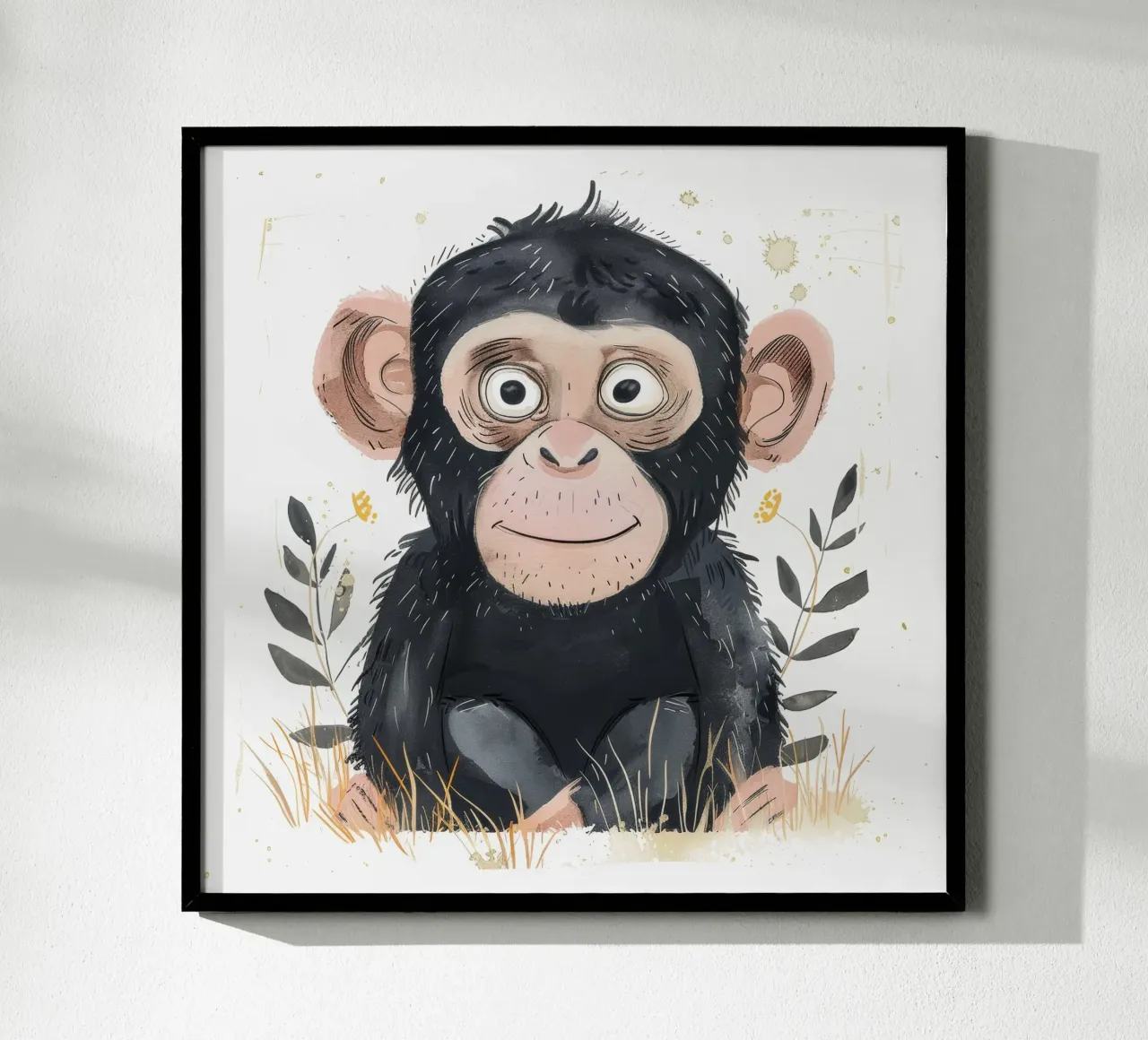 Junger Schimpanse umgeben von Flora Wildes Tier & Natur Poster mit Holzrahmen von DesignDoodle