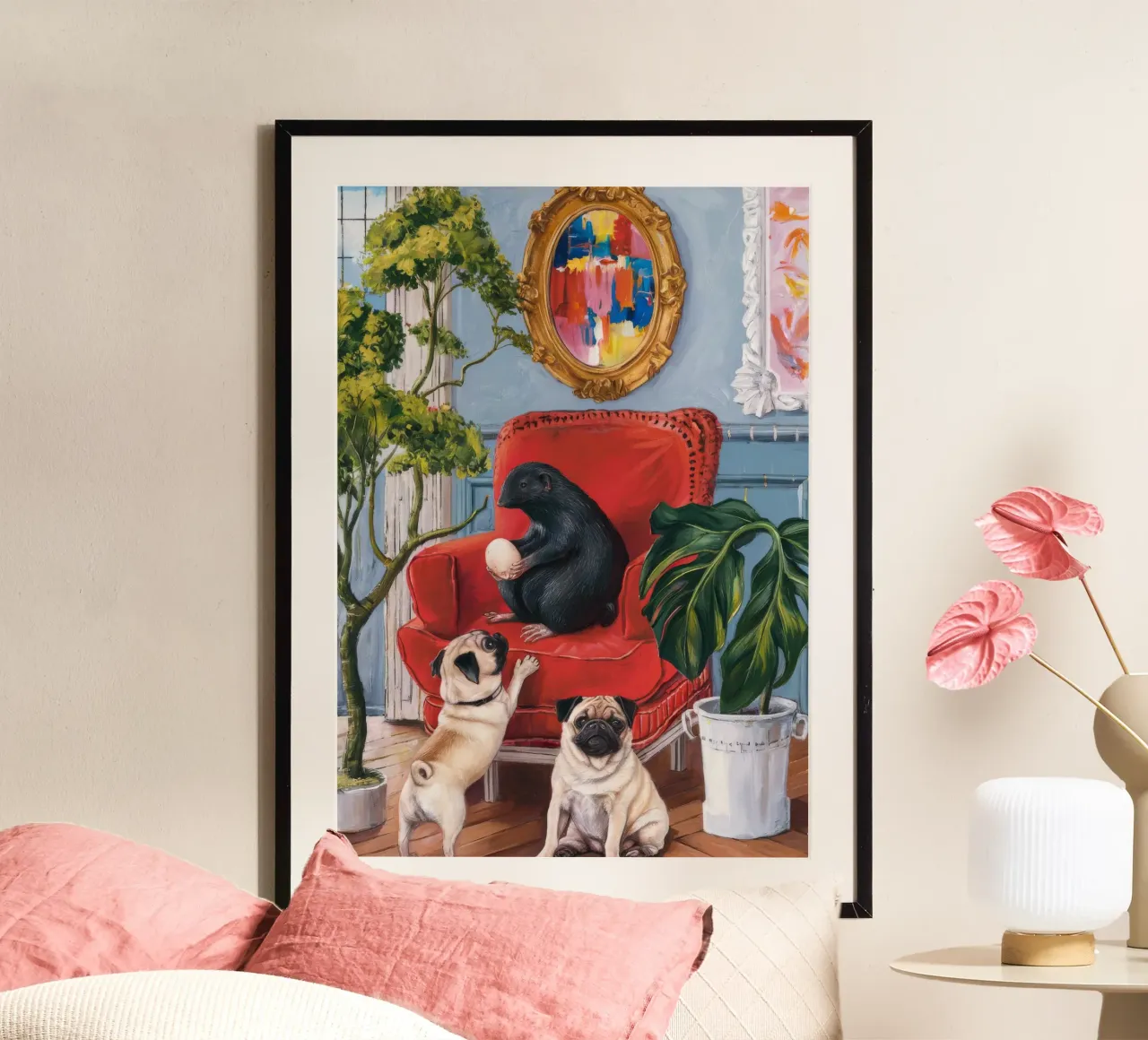 Menagerie di sedie di rubino poster con telaio in legno da Infinite Chroma