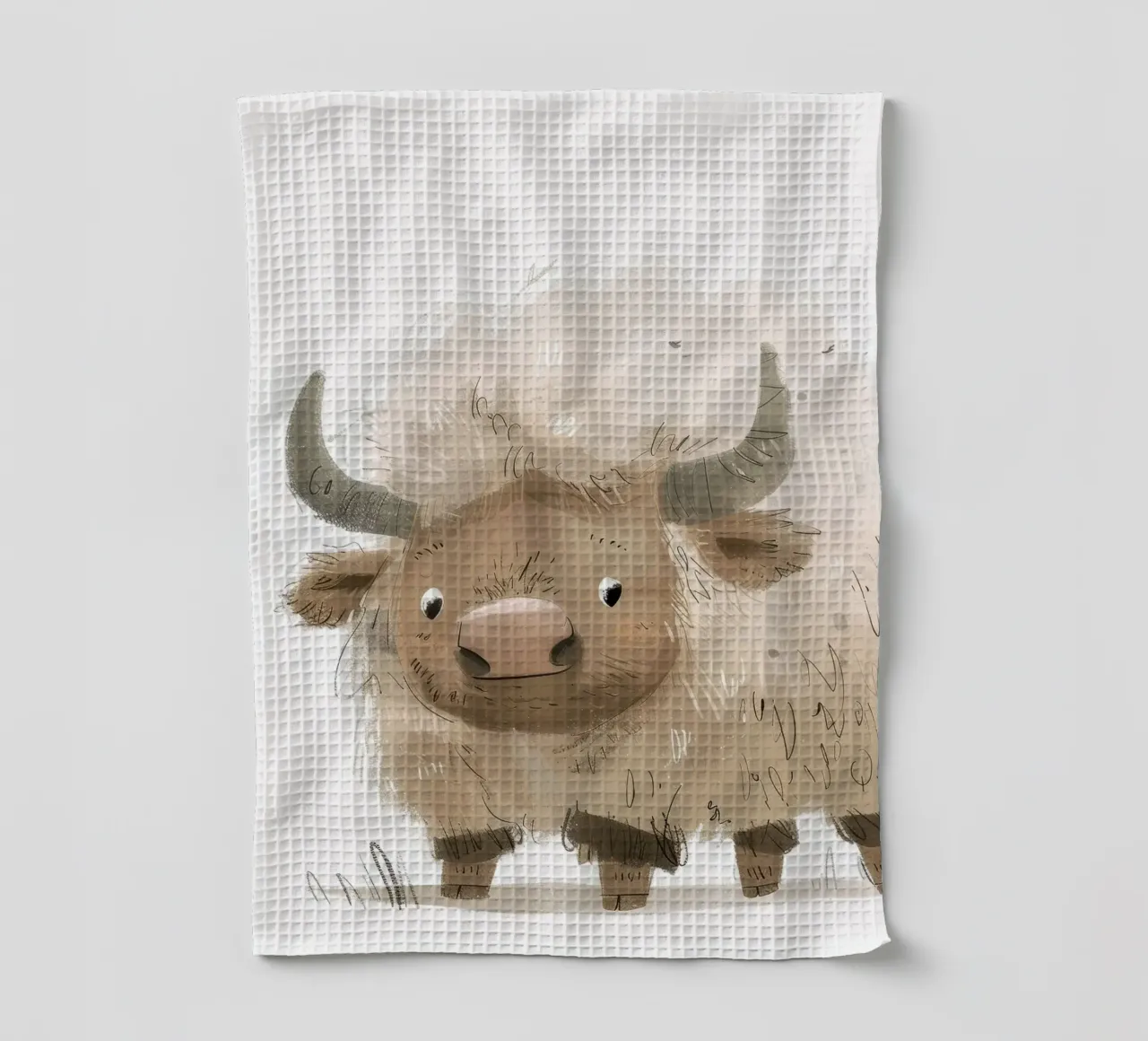 Illustration fantaisiste d'un yak - Art animalier rustique et unique torchon de DesignDoodle