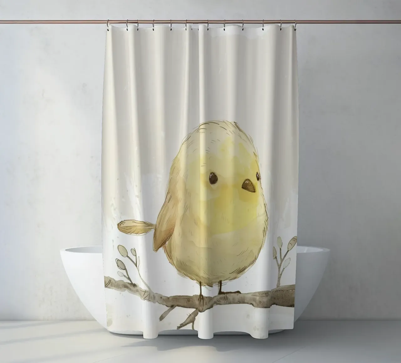 Delightful Yellow Bird on Branch – Cheerful Wildlife Art shower curtain by DesignDoodle