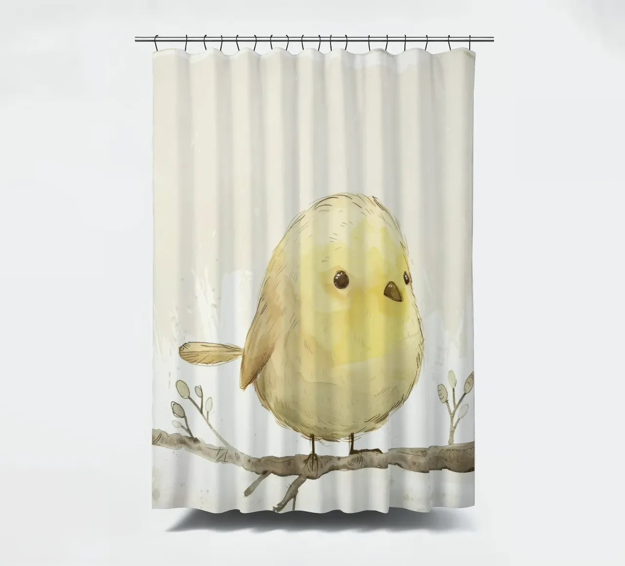 Delightful Yellow Bird on Branch – Cheerful Wildlife Art shower curtain by DesignDoodle