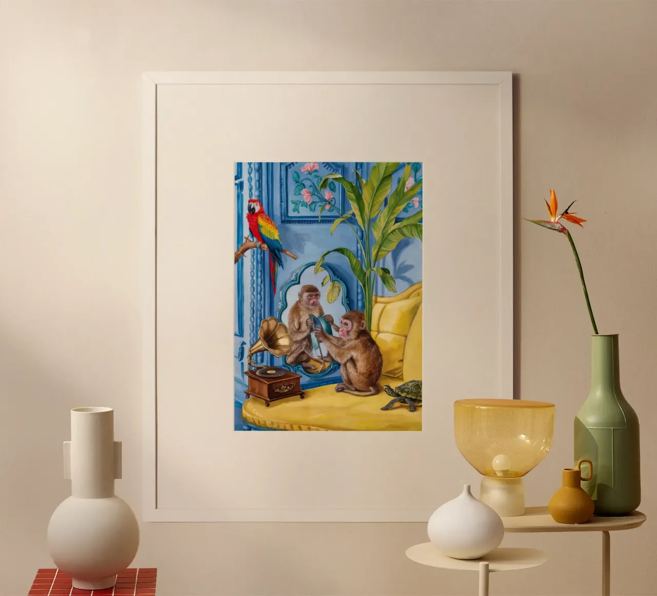 Menagerie di sedie azzurre poster con telaio in legno da Infinite Chroma