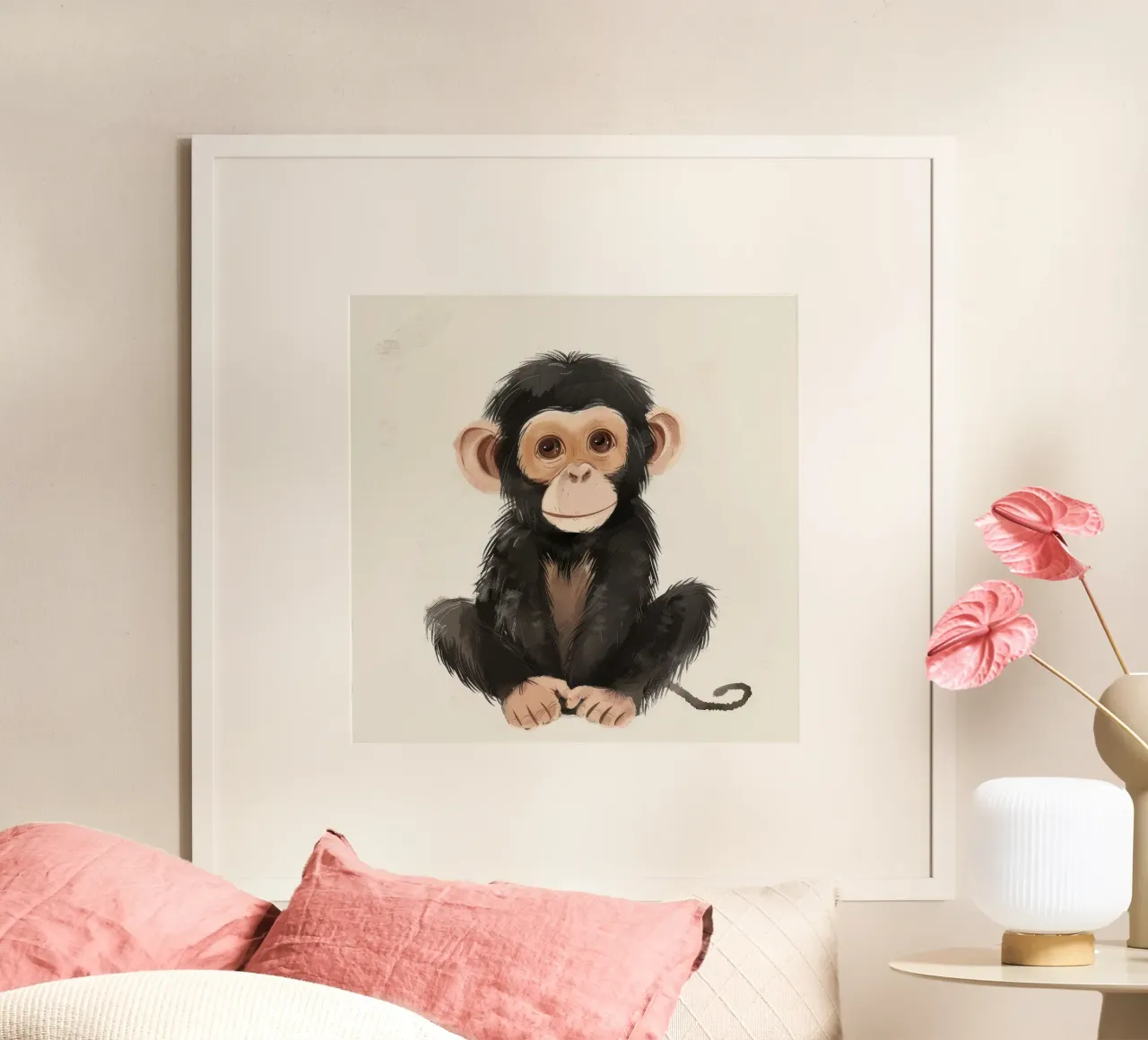Illustrazione di un giovane scimpanzé - Animale giocoso poster con telaio in alluminio da DesignDoodle