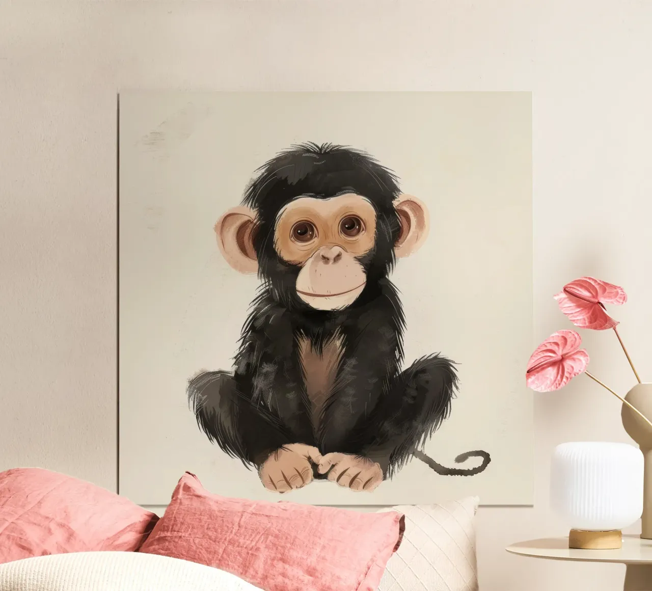 Illustrazione di un giovane scimpanzé - Animale giocoso poster con telaio in alluminio da DesignDoodle