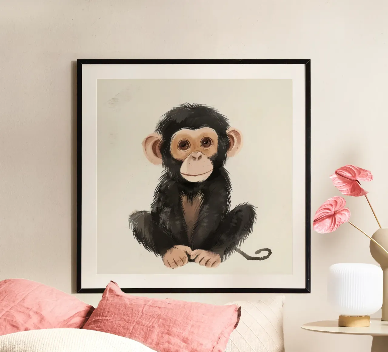 Illustrazione di un giovane scimpanzé - Animale giocoso poster con telaio in alluminio da DesignDoodle