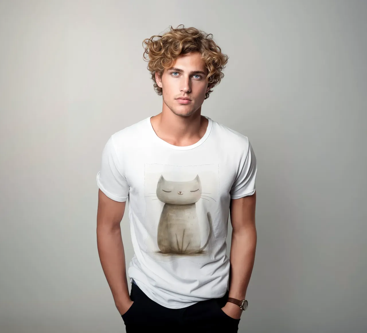Dessin élégant d'un chat gris assis - Minimalist Cat Design t-shirt de DesignDoodle
