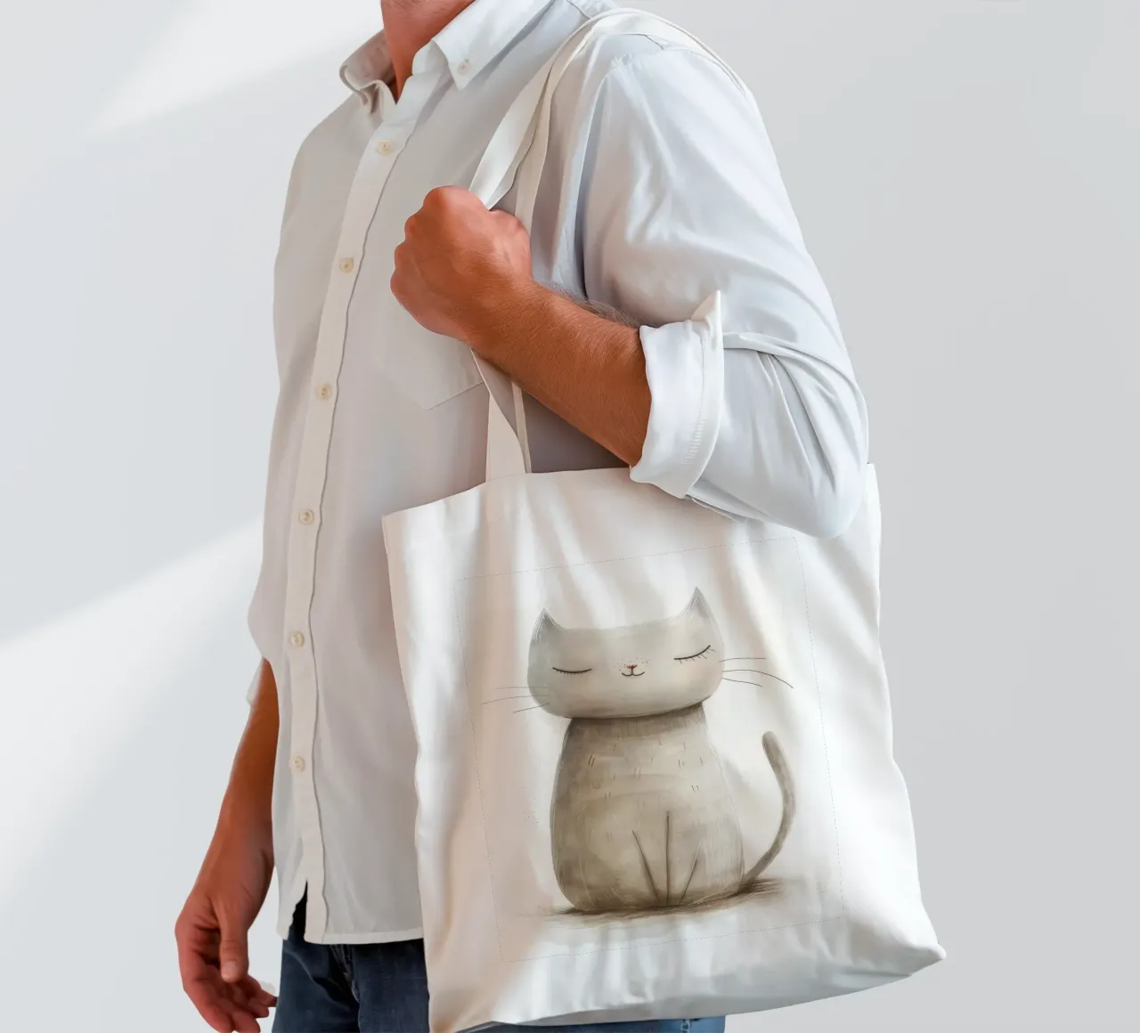 Dessin élégant d'un chat gris assis - Minimalist Cat Design tote bag de DesignDoodle