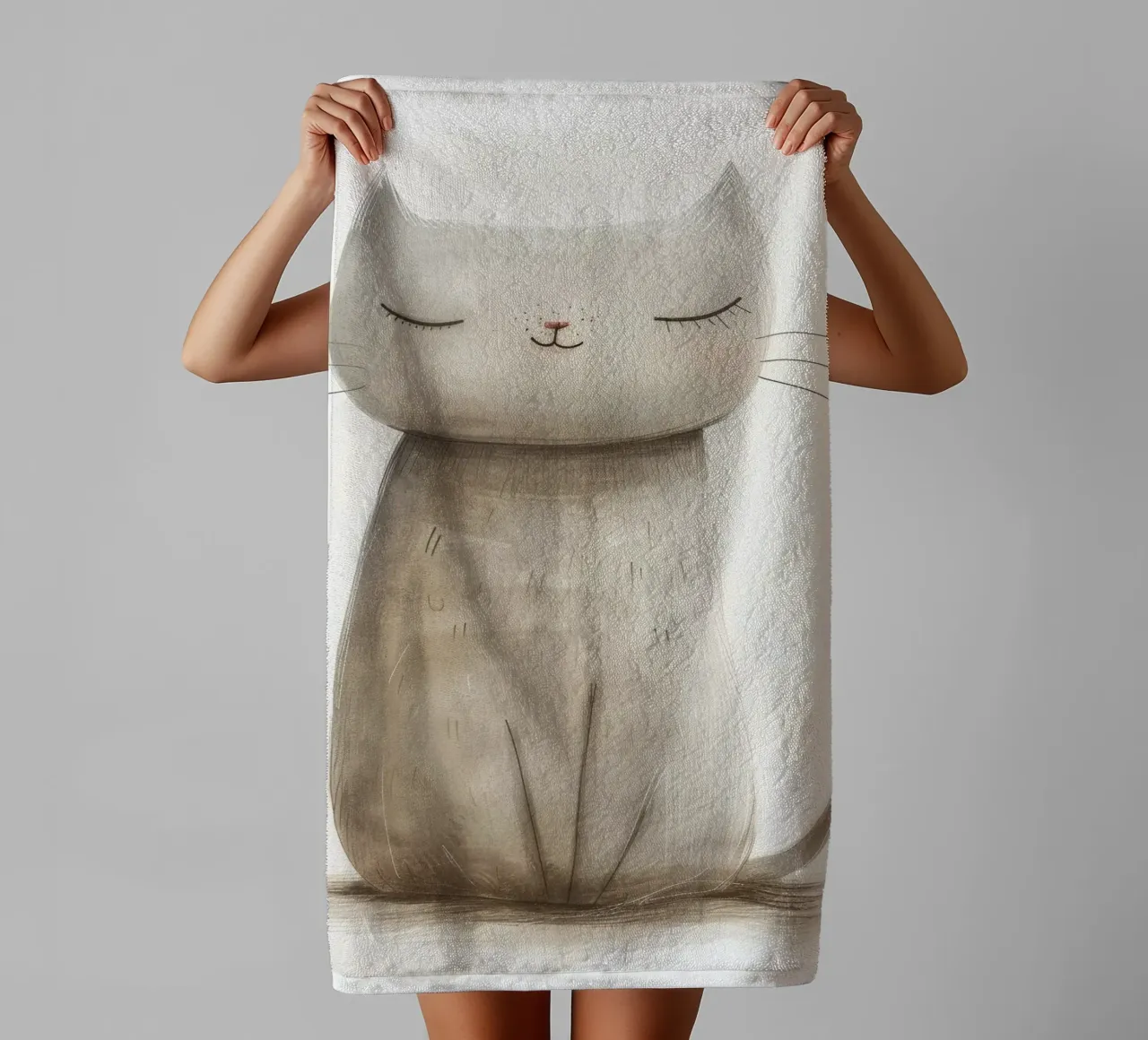 Elegant Seated Grey Cat Artwork – Minimalist Cat Design towel by DesignDoodle