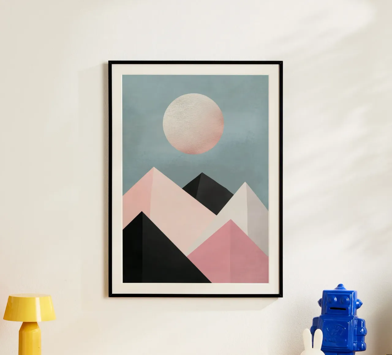 Moonrise over Geometric Peaks poster con telaio in legno da Niklas