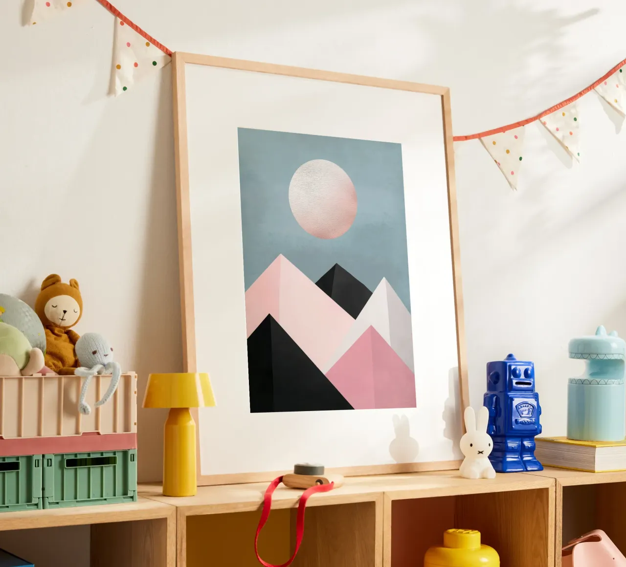 Moonrise over Geometric Peaks poster con telaio in legno da Niklas