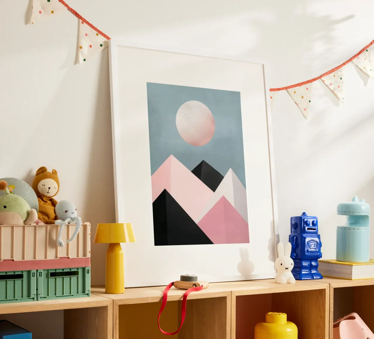 Moonrise over Geometric Peaks poster con telaio in legno da Niklas