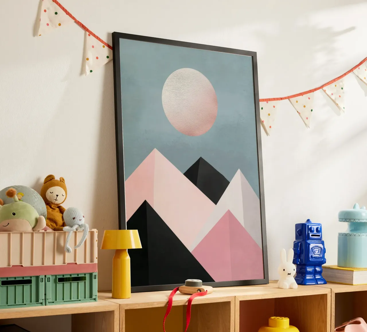 Moonrise over Geometric Peaks poster con telaio in legno da Niklas