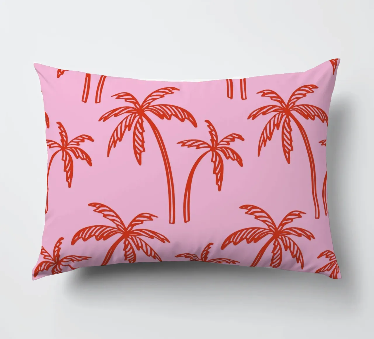 Tropical Palm Tree Pattern – Pink and Red Retro Beach Vibes decorative cushion by pdigitalprints